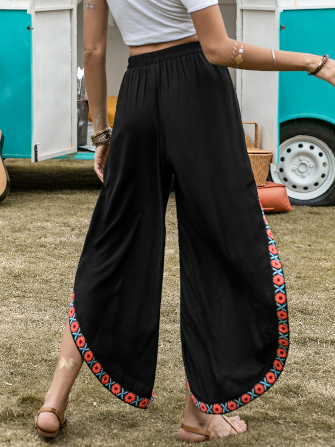 Slit Elastic Waist Wide Leg Pants