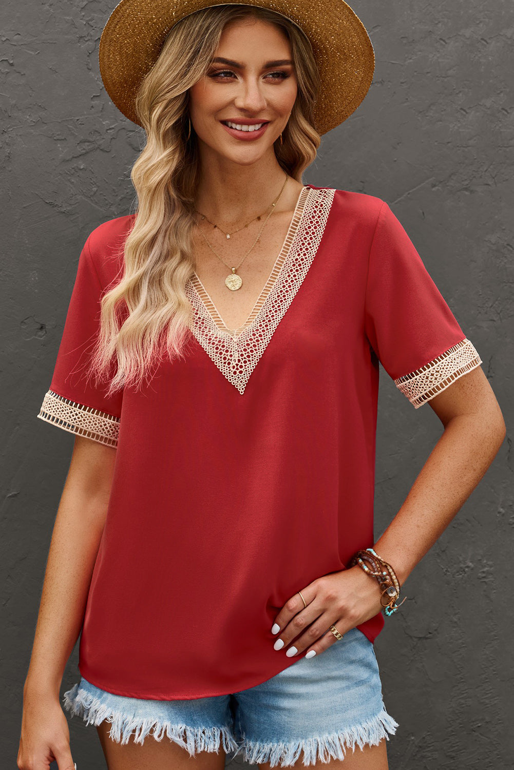 Lace Trim V Neck Short Sleeve Blouse