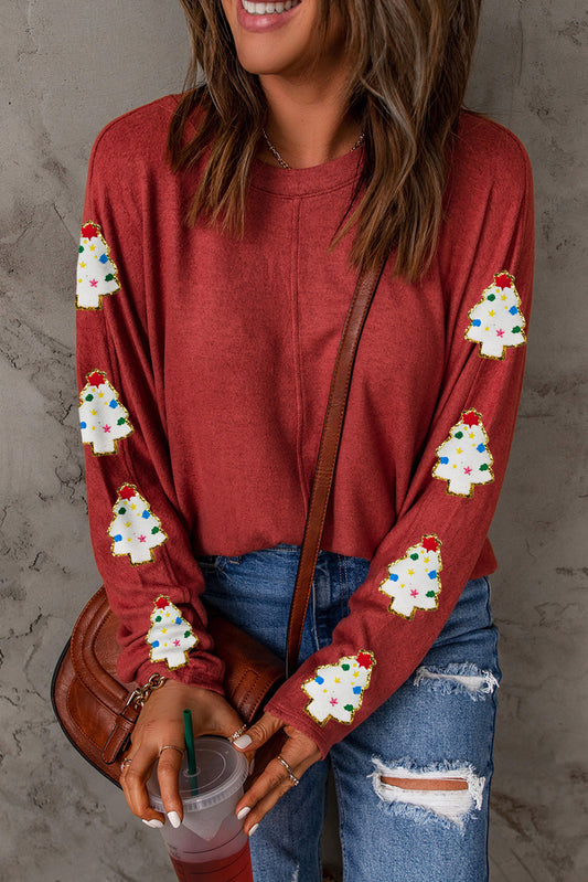 Red Christmas Tree Patch Long Sleeve Casual Top