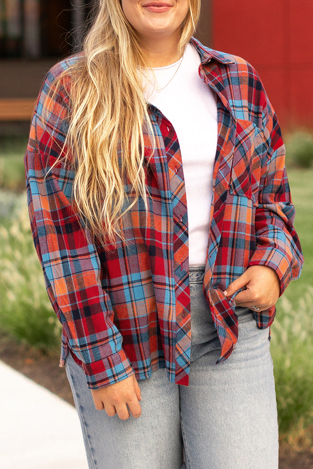 Orange Plaid Print Buttoned Shirt