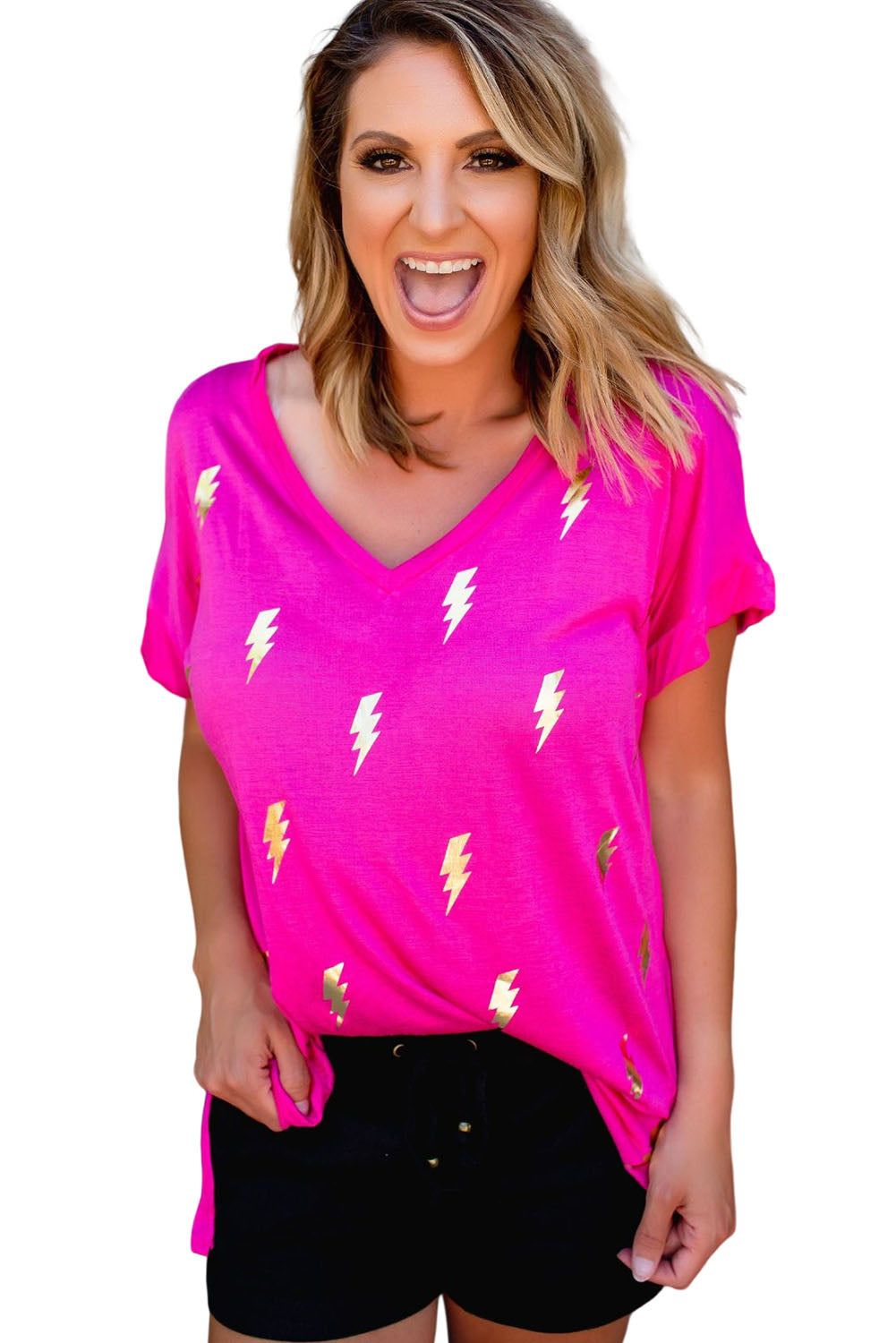 Shiny Lightning Print V Neck Loose T Shirt