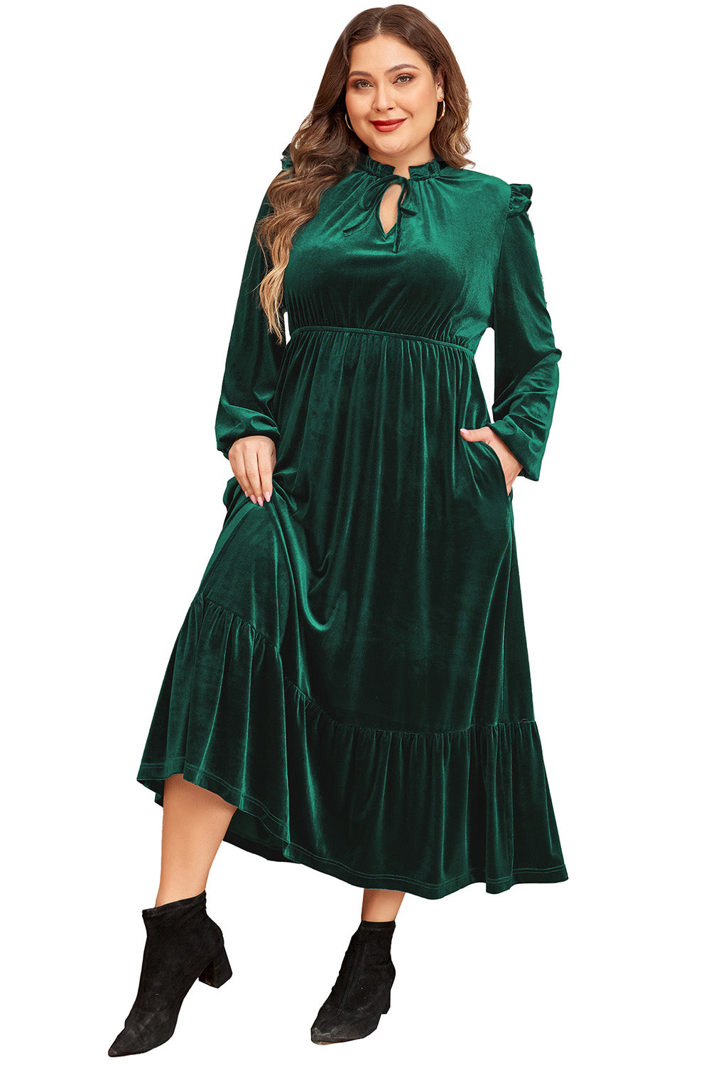 Green Velvet Frille Neck Ruffled Midi Dress