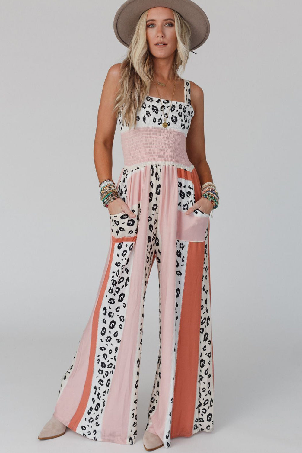 Leopard Color Block Mix Print Pocketed Jumpsuit