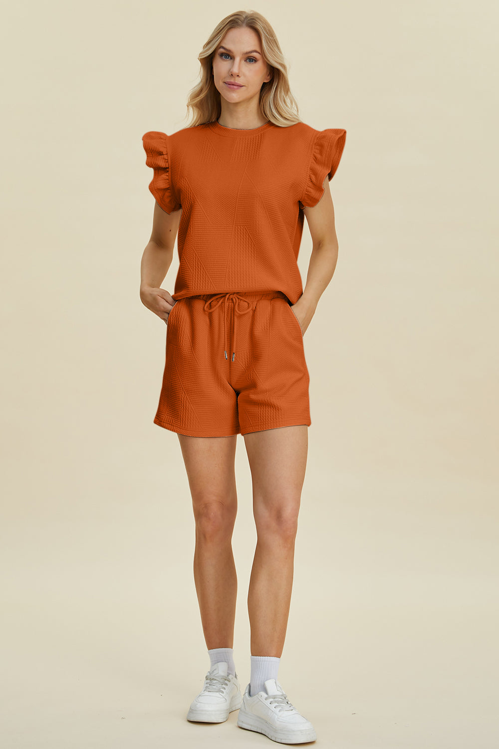 Texture Round Neck Ruffle Sleeve Top and Shorts Set