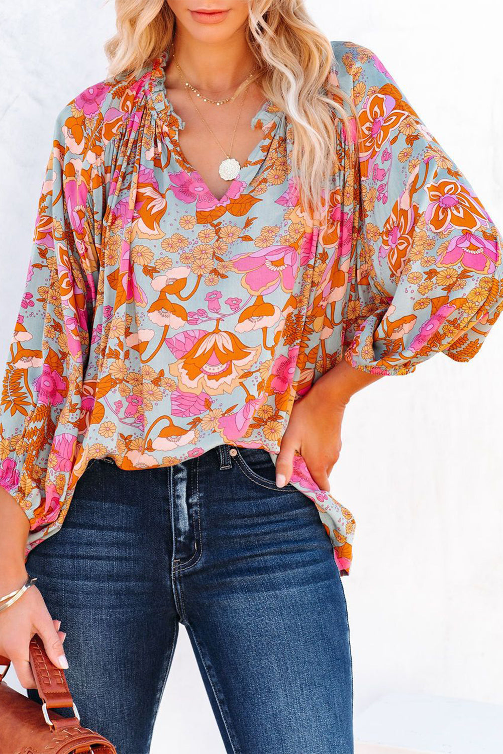 Boho Wide Sleeve Smocked  Floral Tops