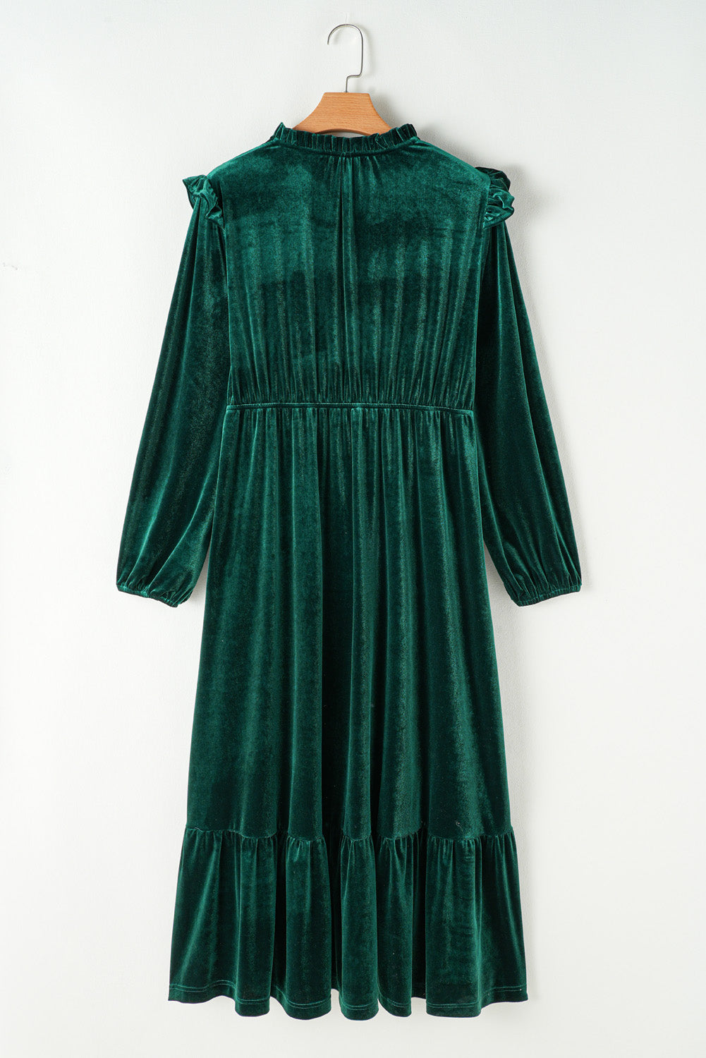 Green Velvet Frille Neck Ruffled Midi Dress