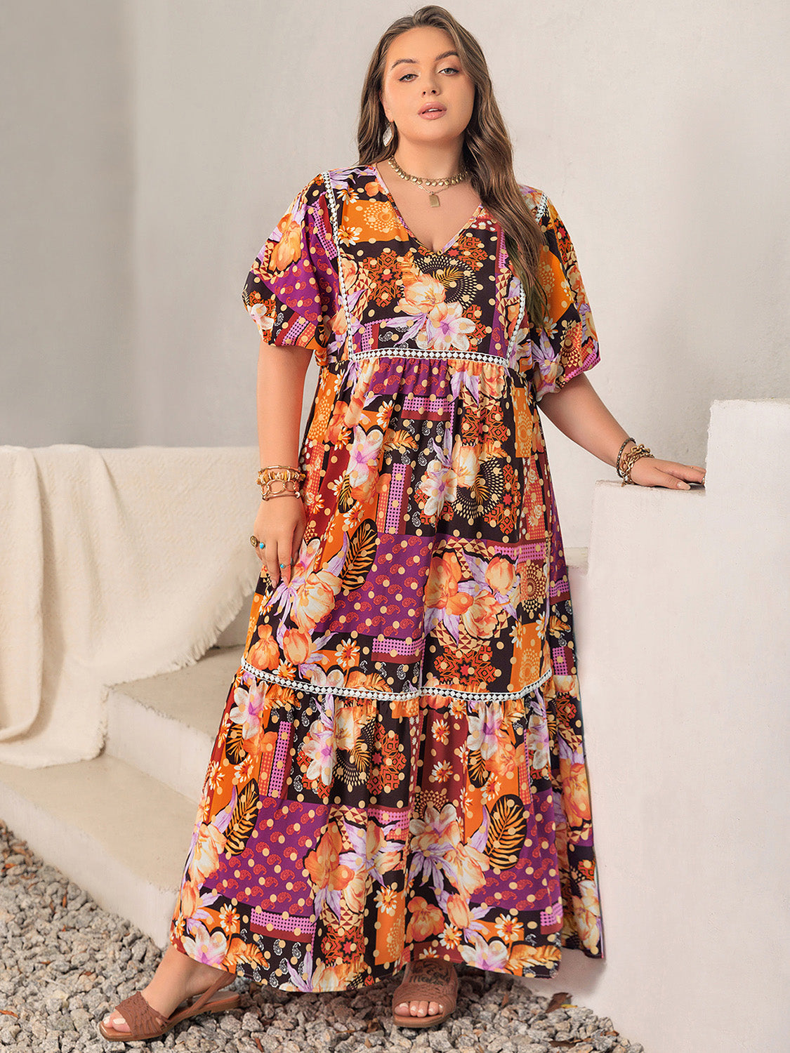 Printed V-Neck Half Sleeve Maxi Dress