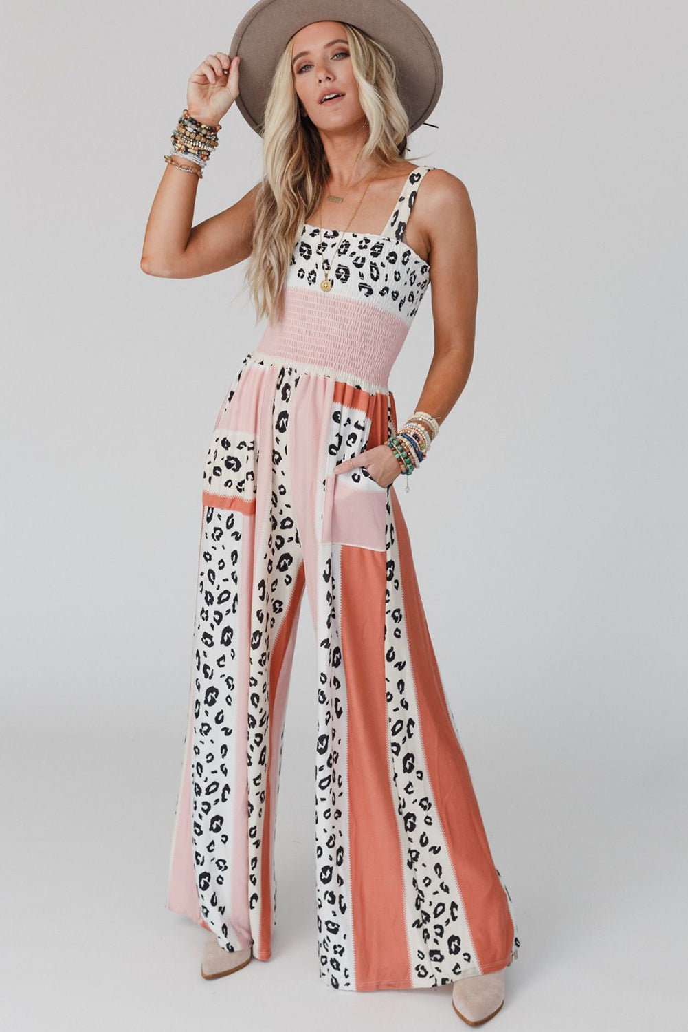 Leopard Color Block Mix Print Pocketed Jumpsuit