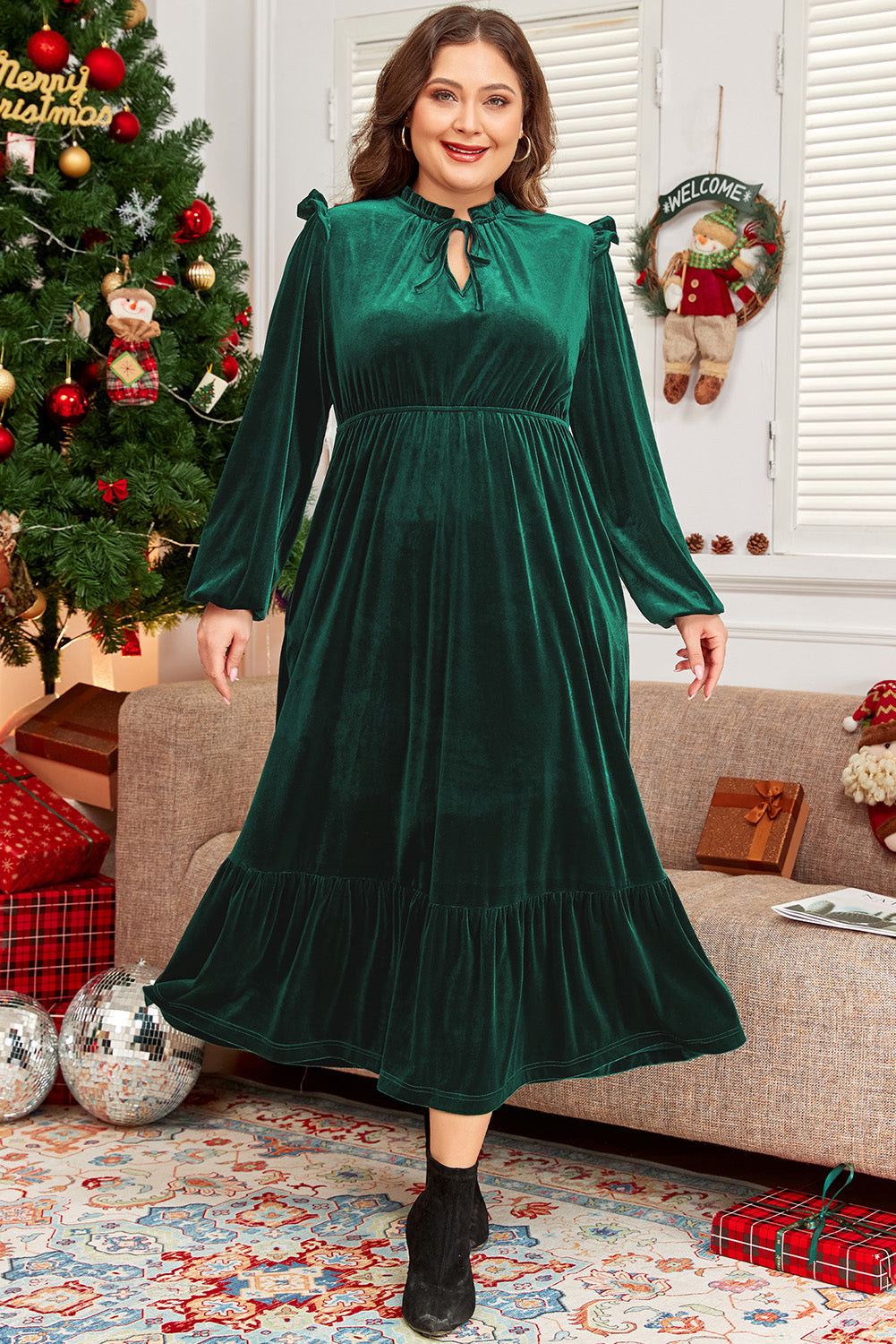 Green Velvet Frille Neck Ruffled Midi Dress