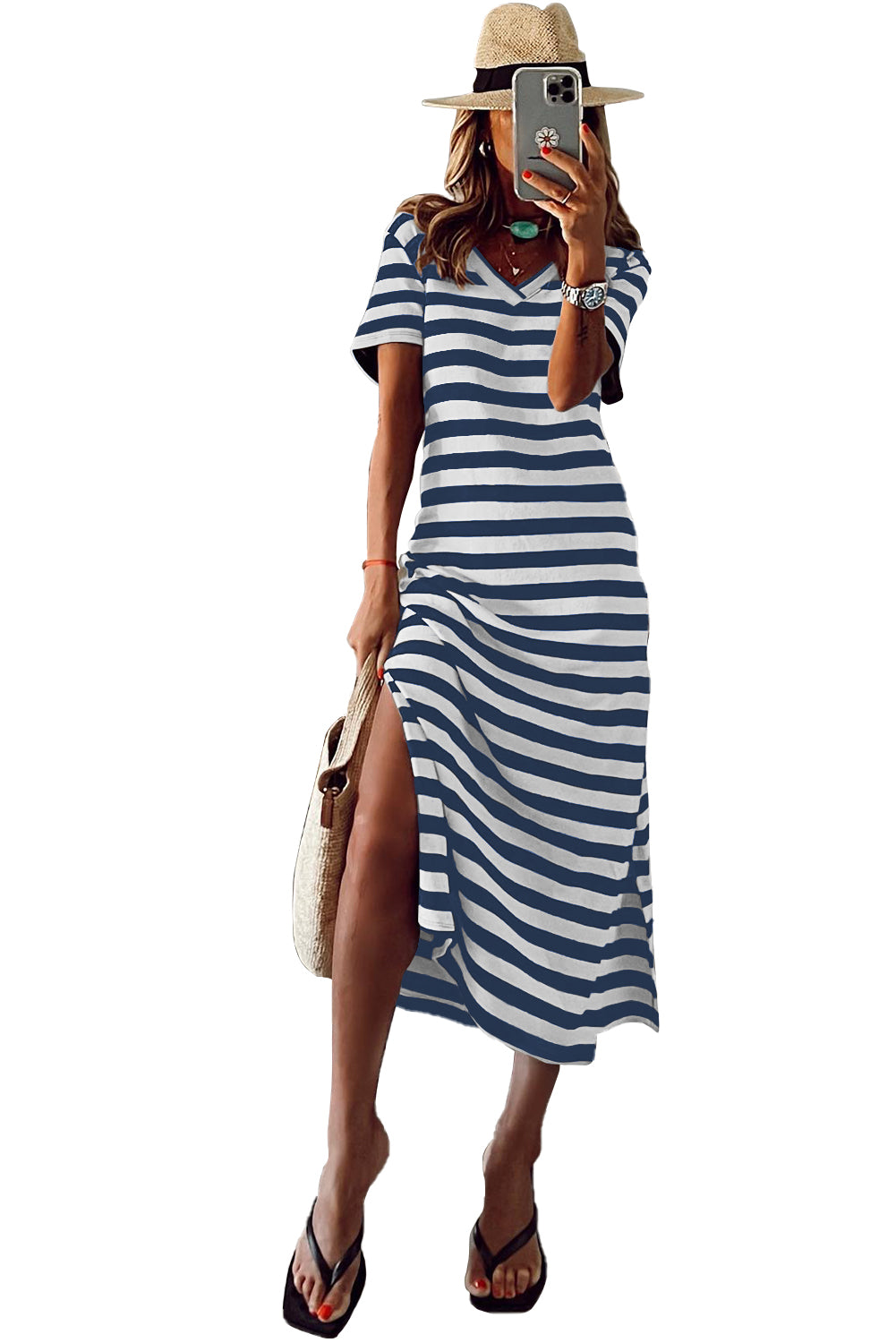 Stripe Print V Neck Maxi Dress with Side Splits