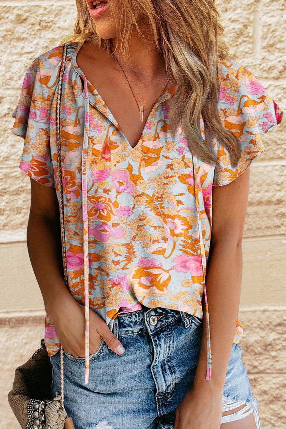 Boho Wide Sleeve Smocked  Floral Tops