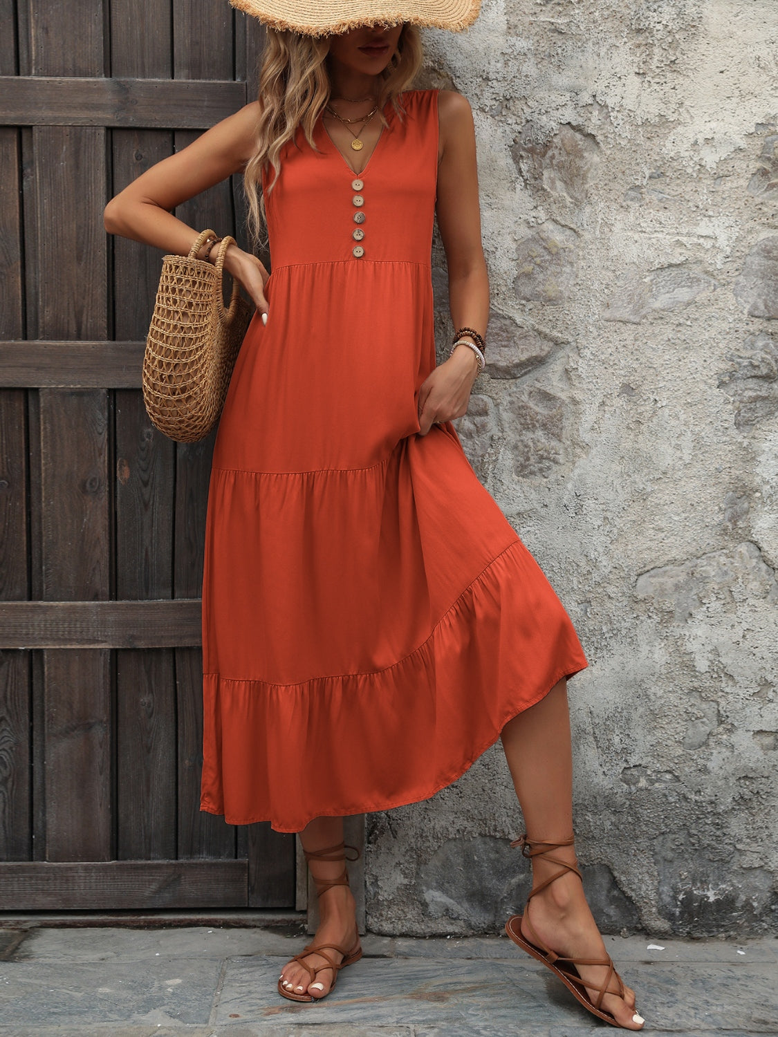 Button Notched Sleeveless Dress