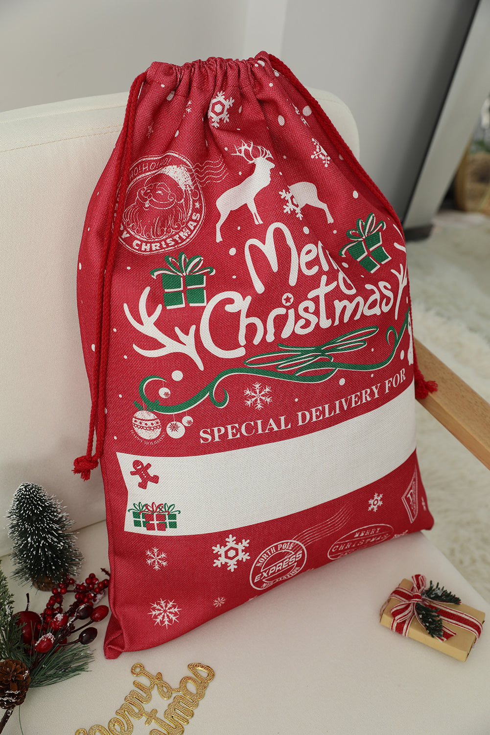 Fiery Red Christmas Drawstring Large Gift Bag 50*66cm