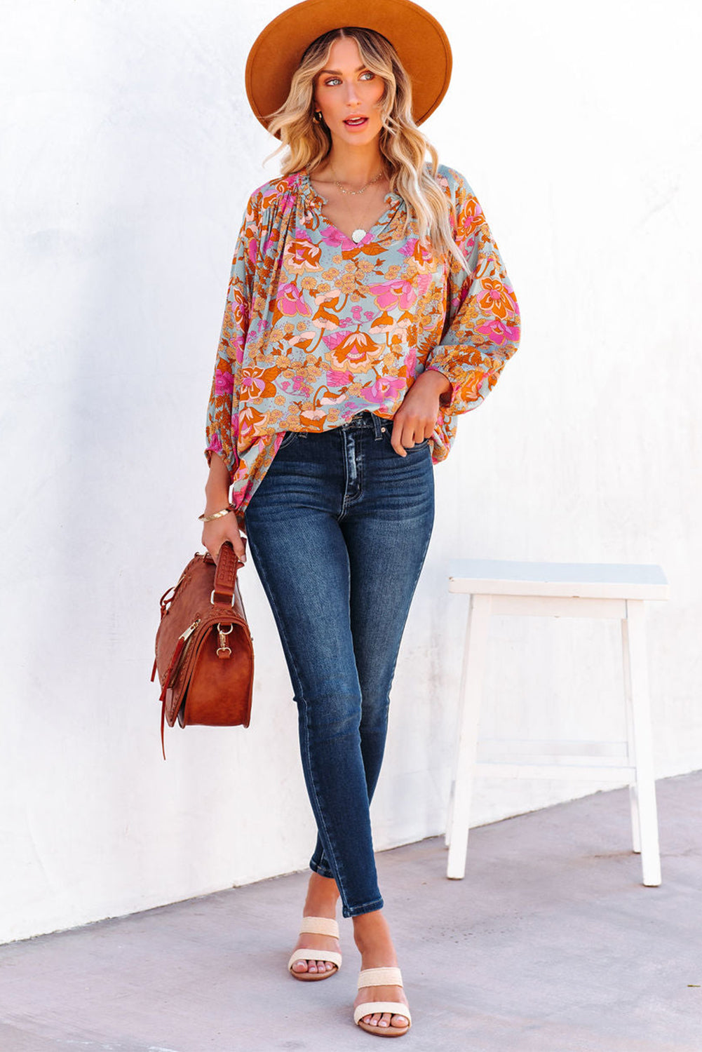 Boho Wide Sleeve Smocked  Floral Tops