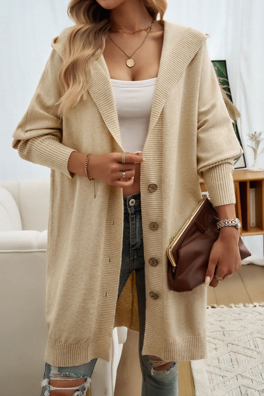 Button Up Long Sleeve Hooded Cardigan