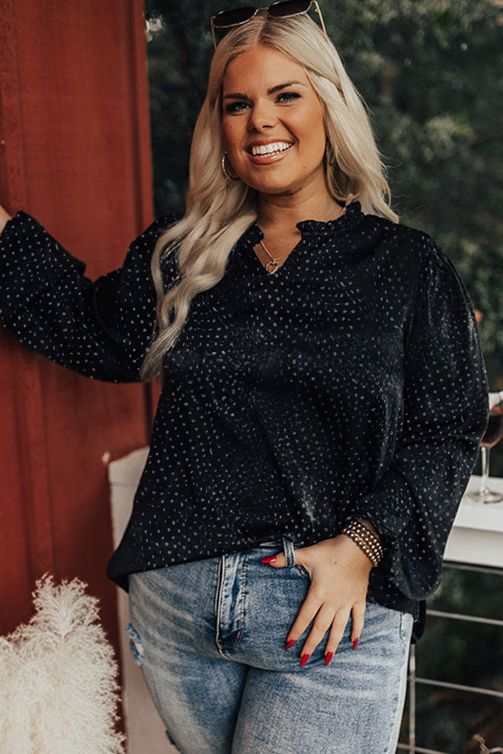 Black Leopard Print Notch V Neck Blouse