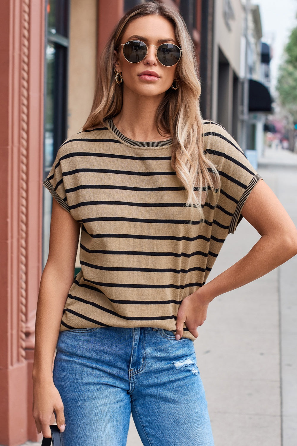 Striped Round Neck Cap Sleeve Knit Top