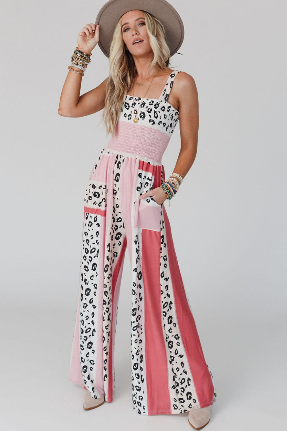 Leopard Color Block Mix Print Pocketed Jumpsuit