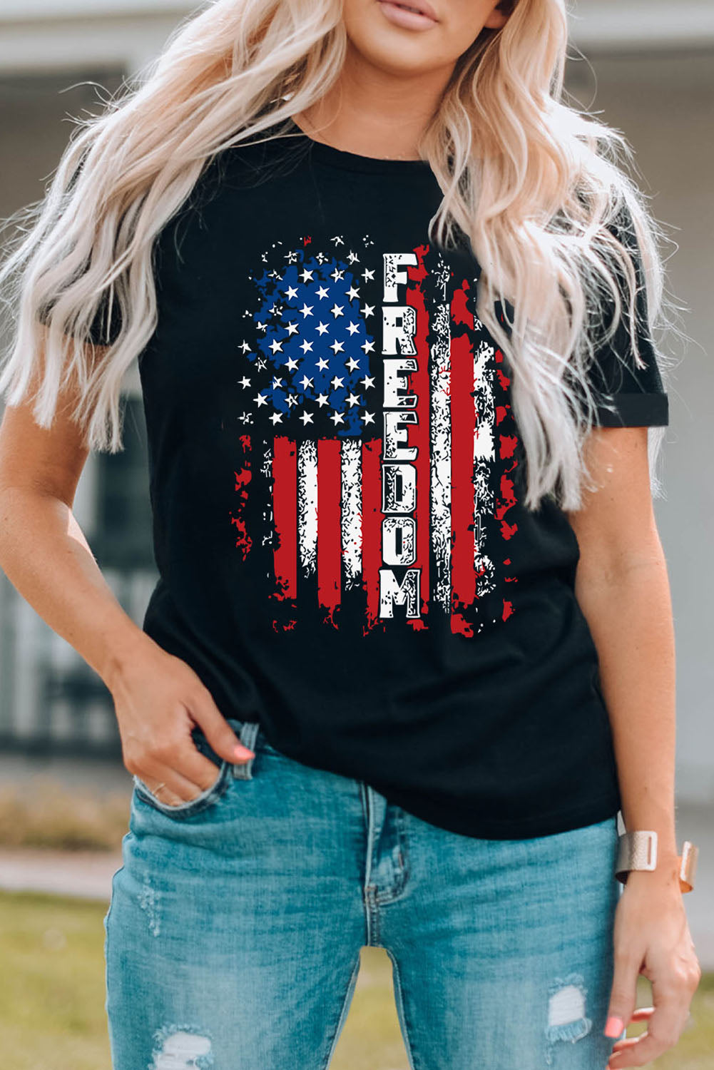 FREEDOM American Flag Print Graphic T Shirt