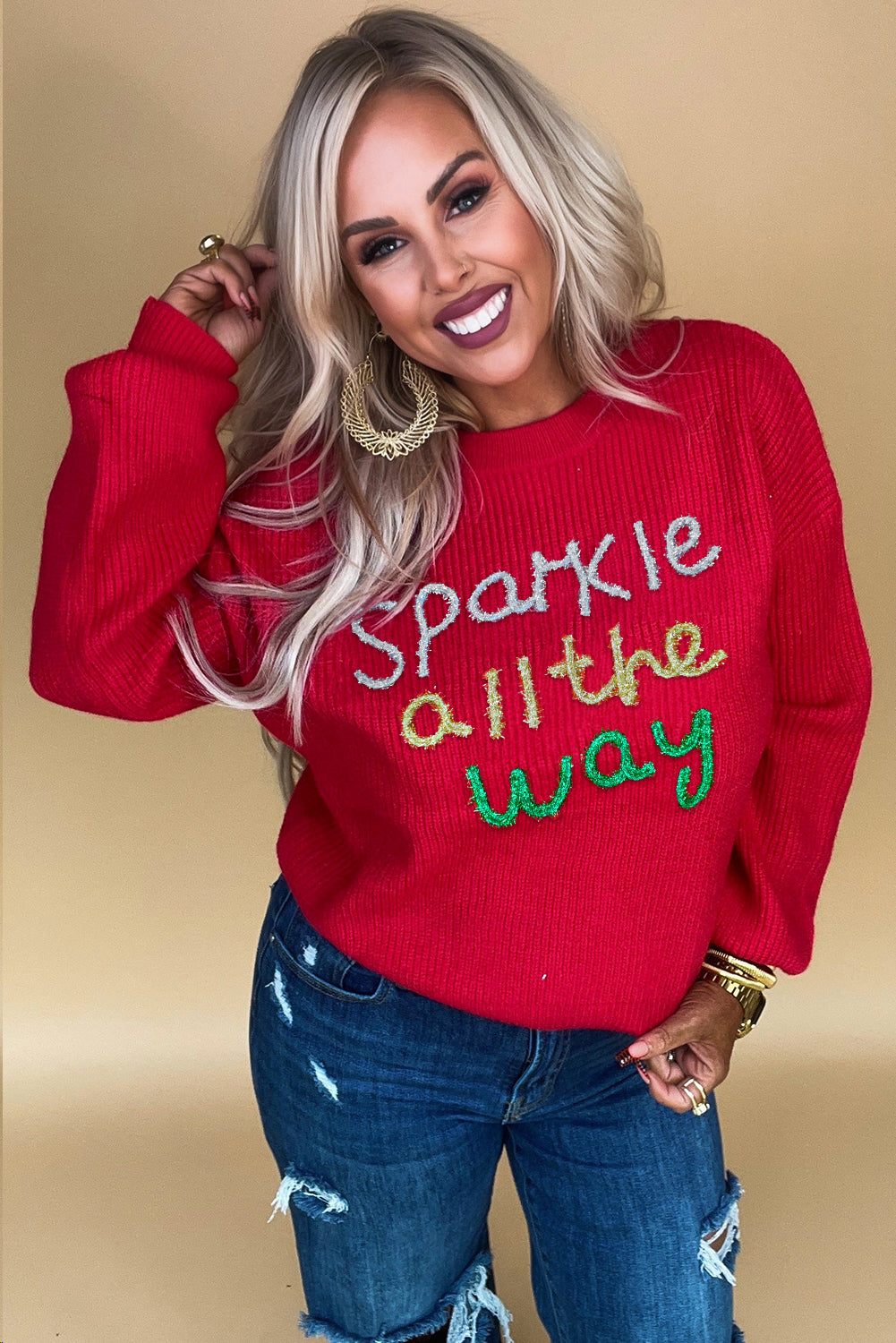 Racing Red Sparkle All The Way Tinsel Crew Neck Sweater