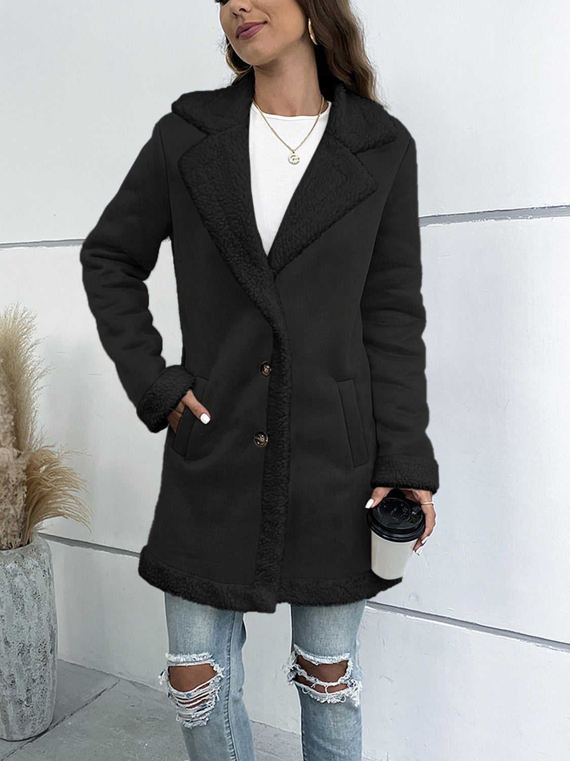 Button Up Lapel Collar Long Sleeve Coat