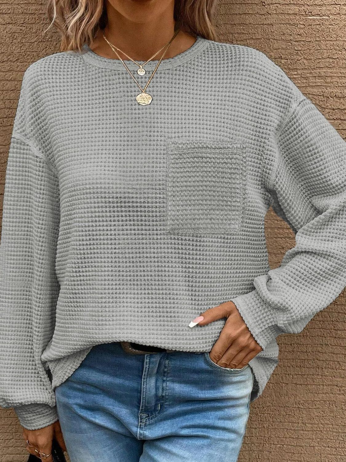 Waffle Knit Long Sleeve T-Shirt