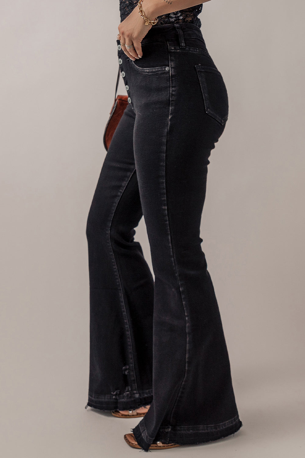 Black High Waist Button Front Flare Jeans