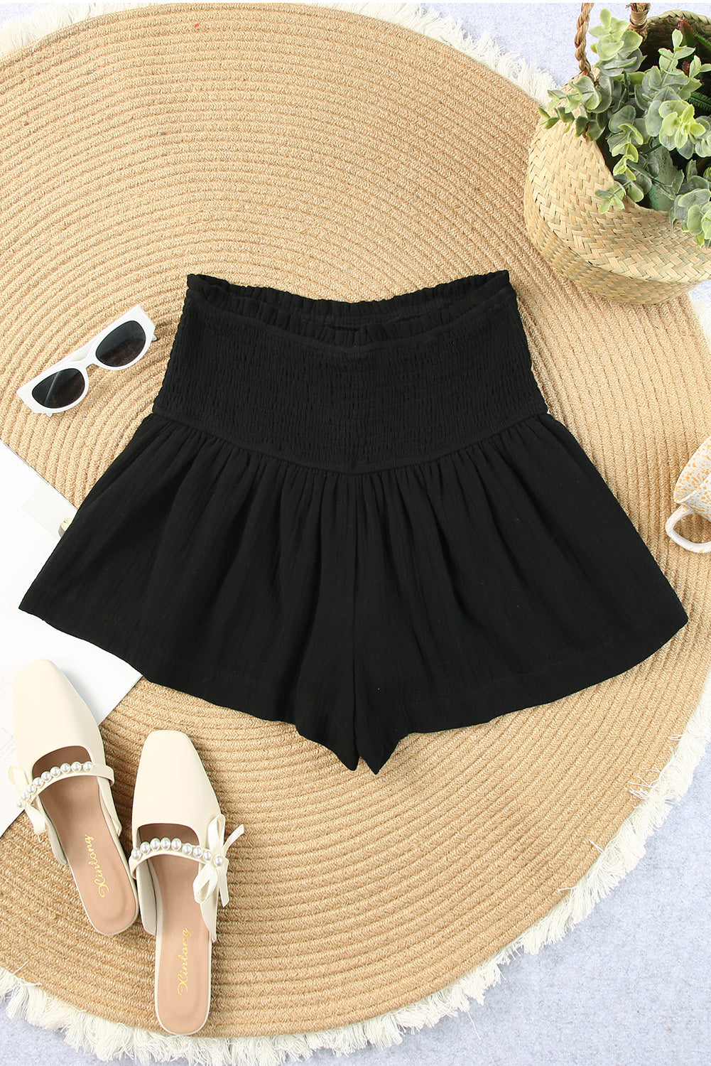 Smocked High Waist Ruffle Shorts