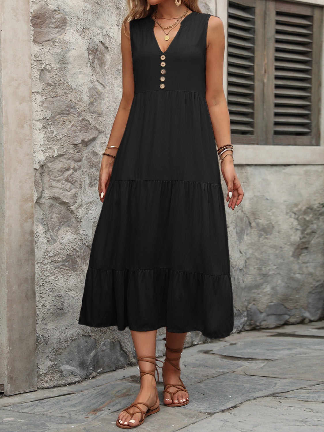 Button Notched Sleeveless Dress