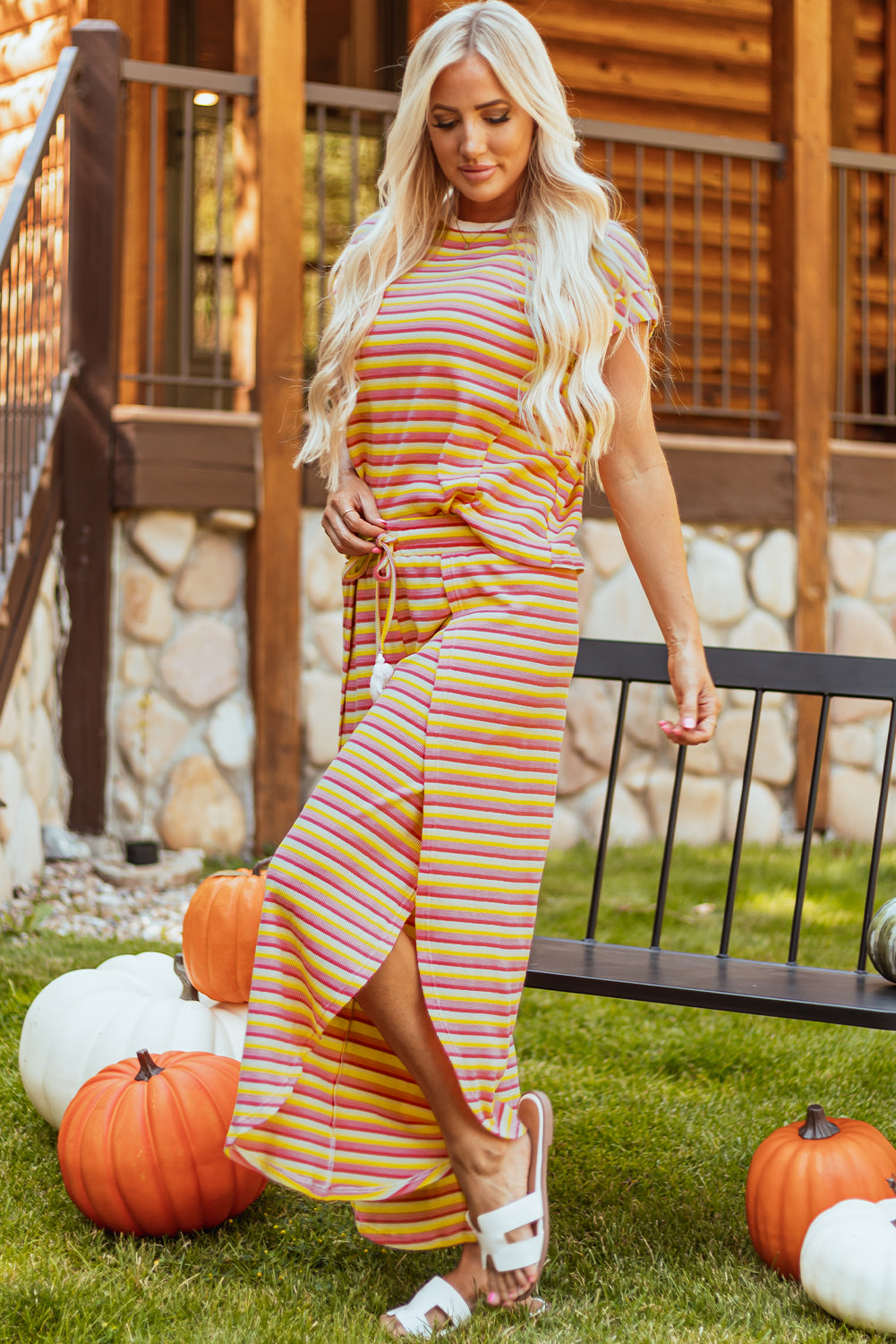 Pink Stripe Rainbow Tee Tasseled String Wide Leg Pants Set