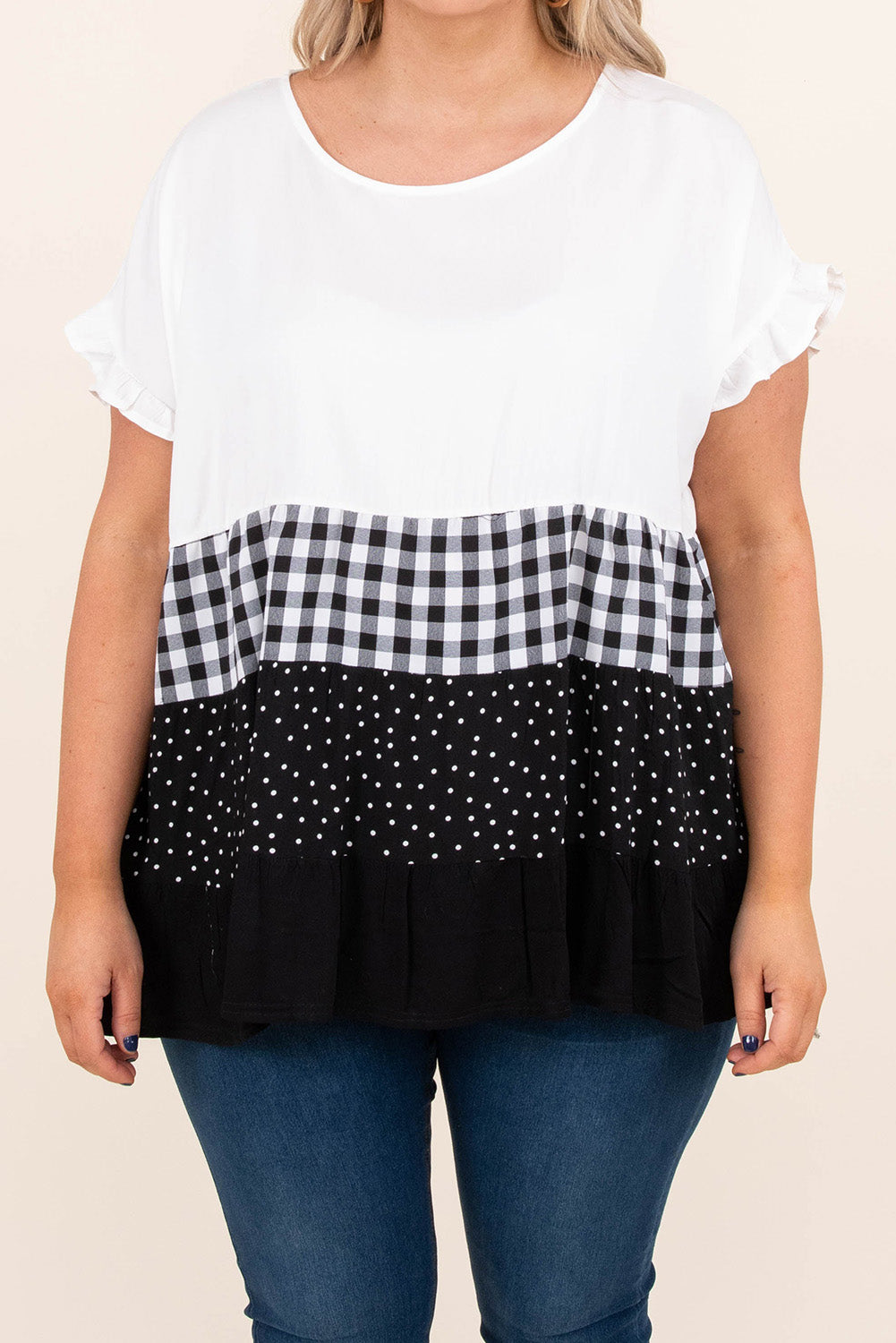 Plaid Dot Ruffled Babydoll Top