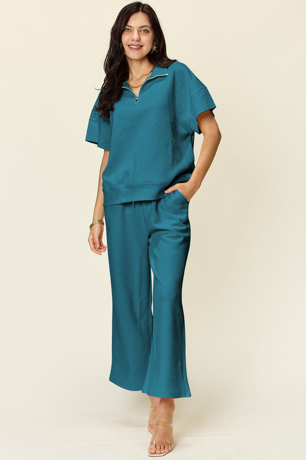 Double Texture Half Zip Short Sleeve Top and Pants Set