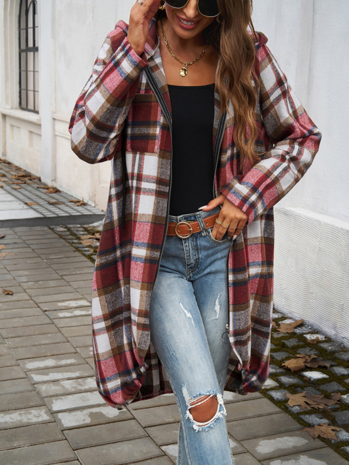 Plaid Zip Up Hooded Mid length Shacked