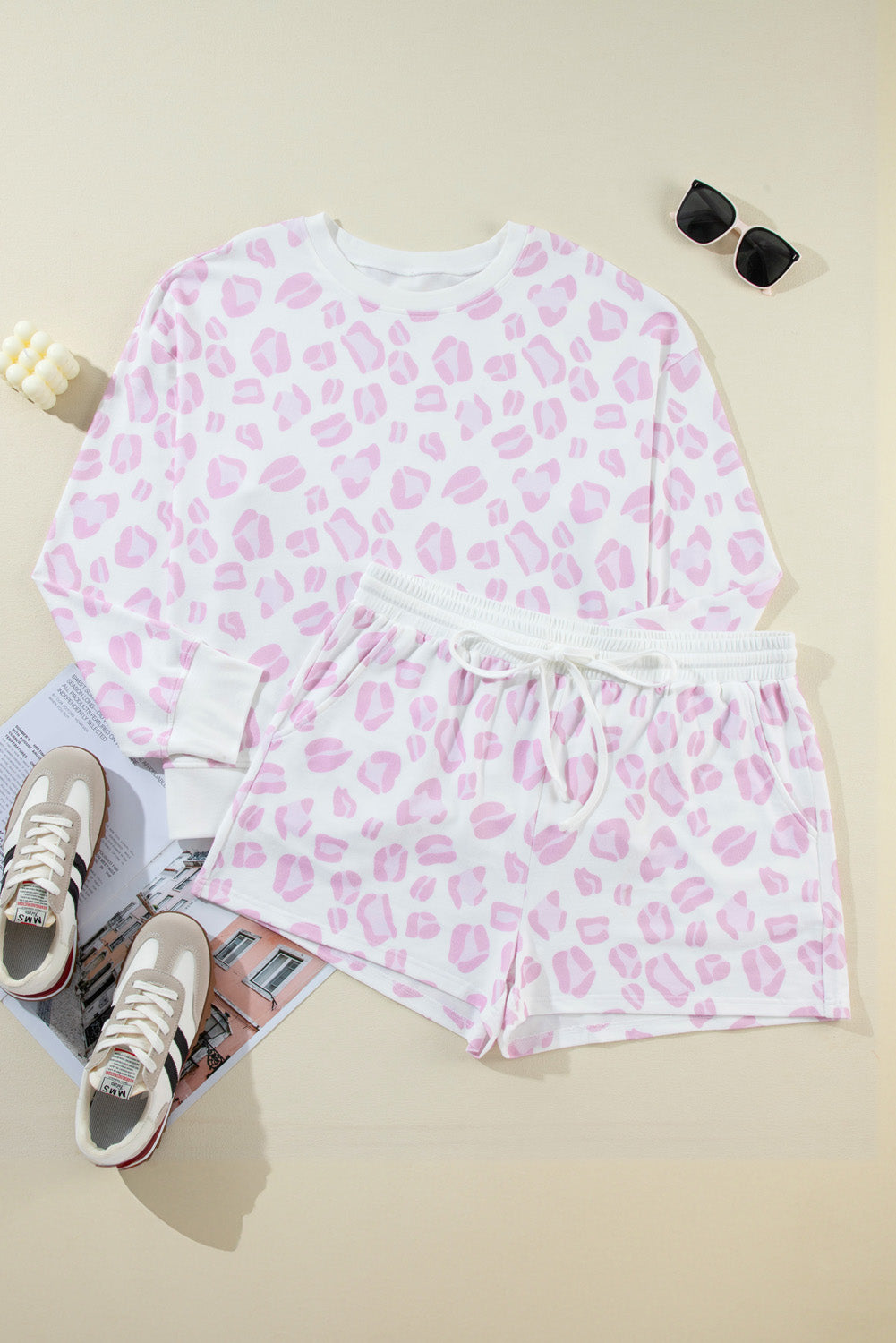 Pink Leopard Print Long Sleeve Top Shorts Set