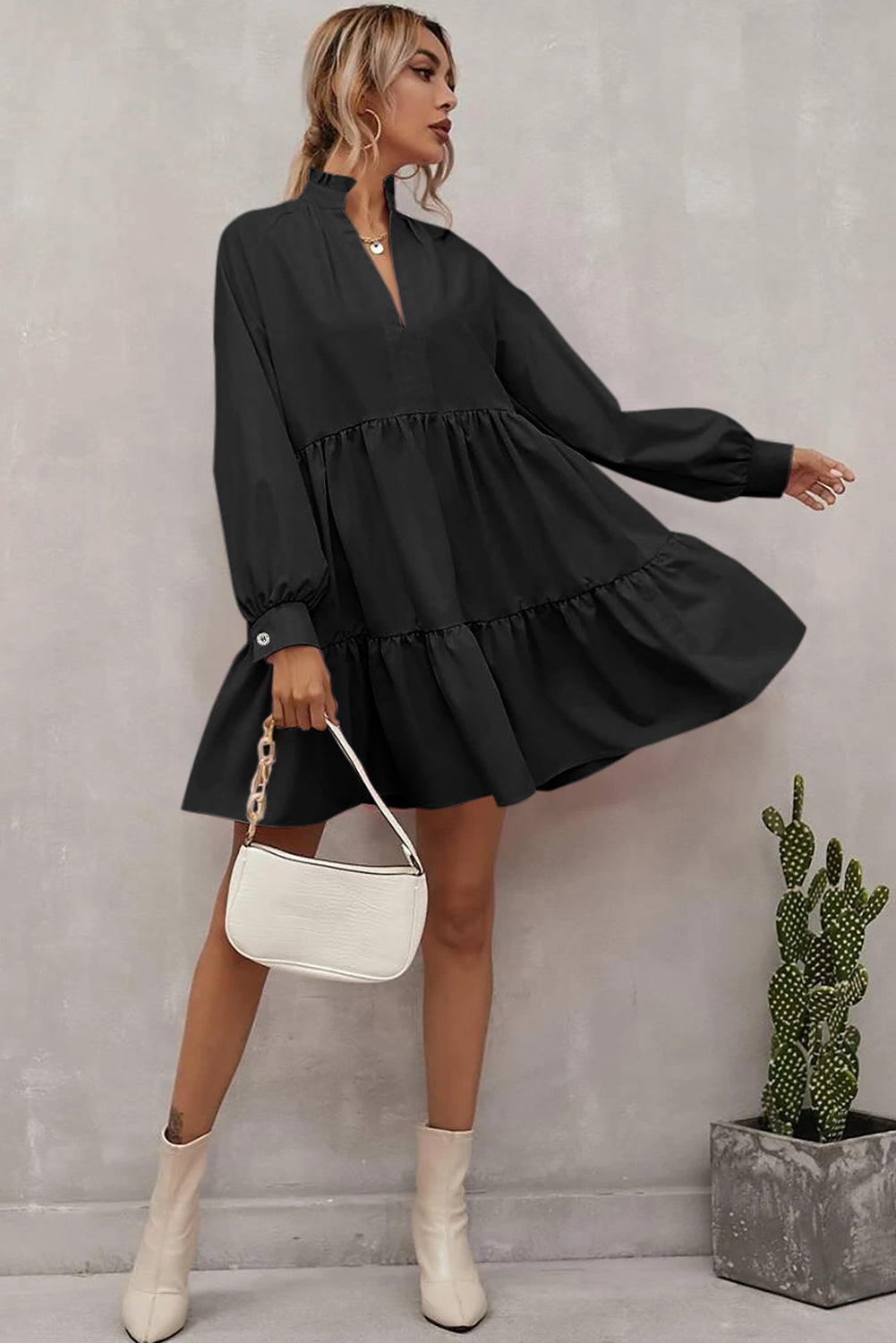 Black Long Sleeve Ruffle Dress