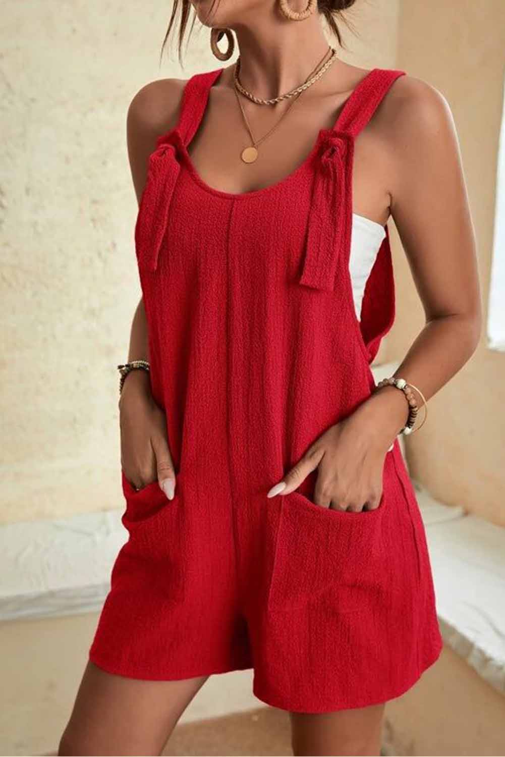 Adjustable Straps Pocketed Textured Romper