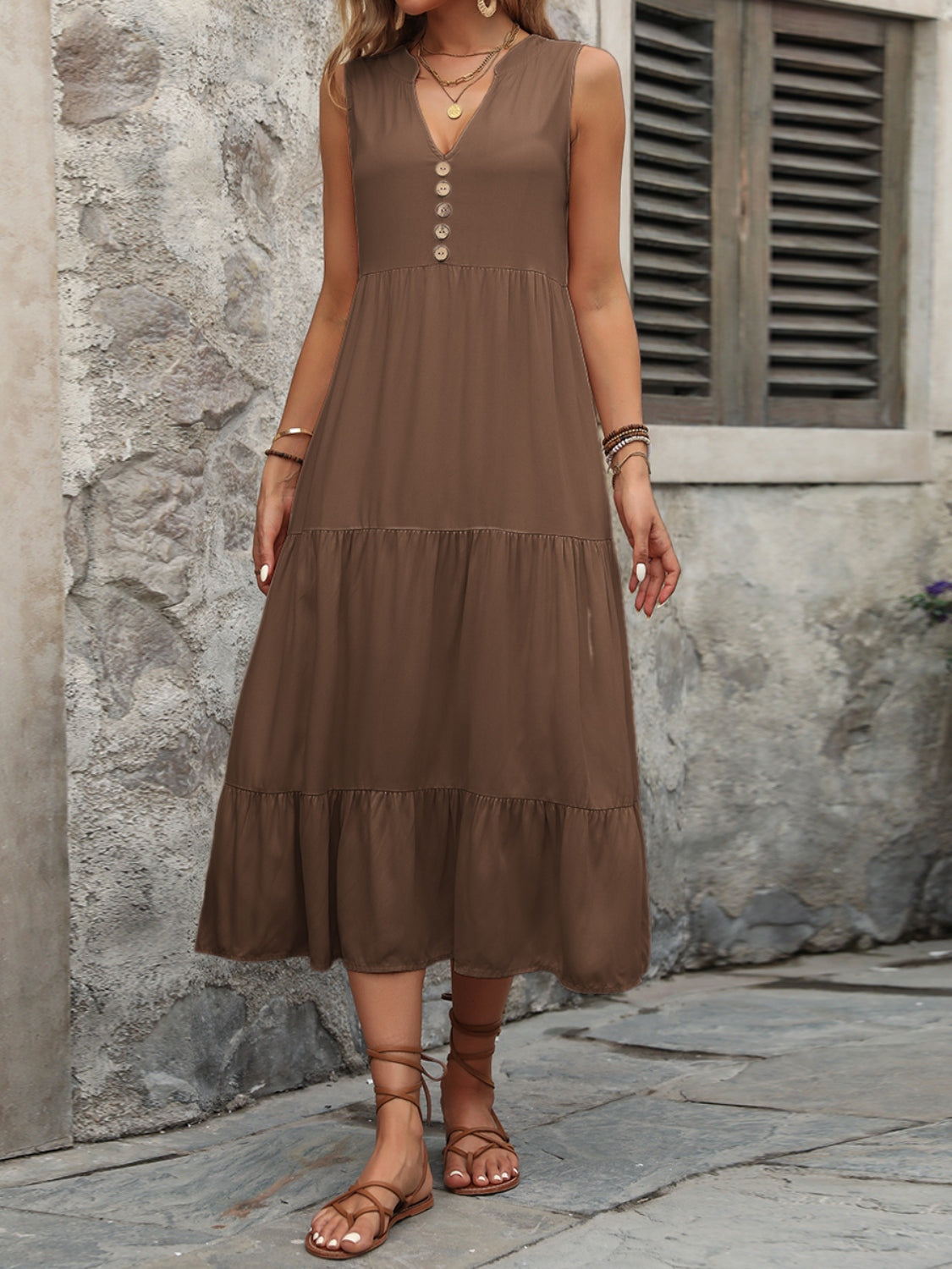 Button Notched Sleeveless Dress