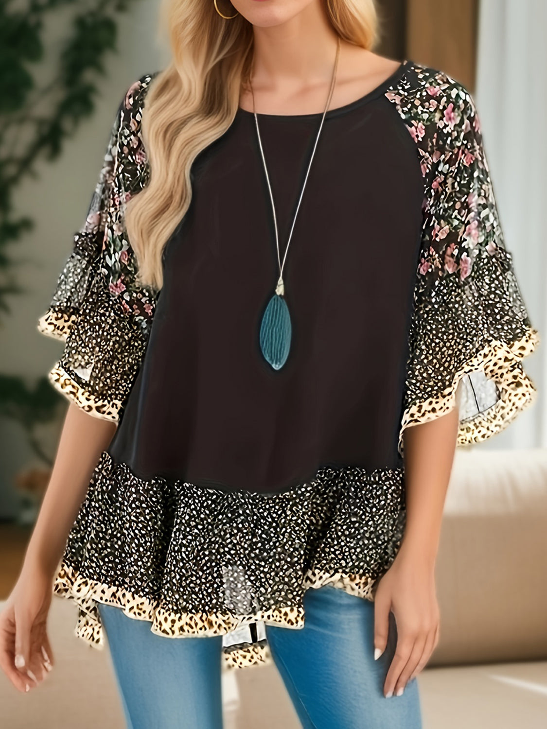 Frill Printed Round Neck Half Sleeve Blouse