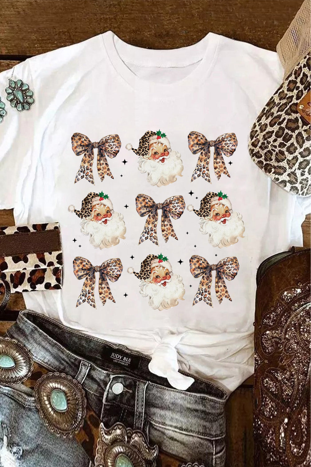 Black Santa Claus Leopard Bow Print Crew Neck Casual T Shirt