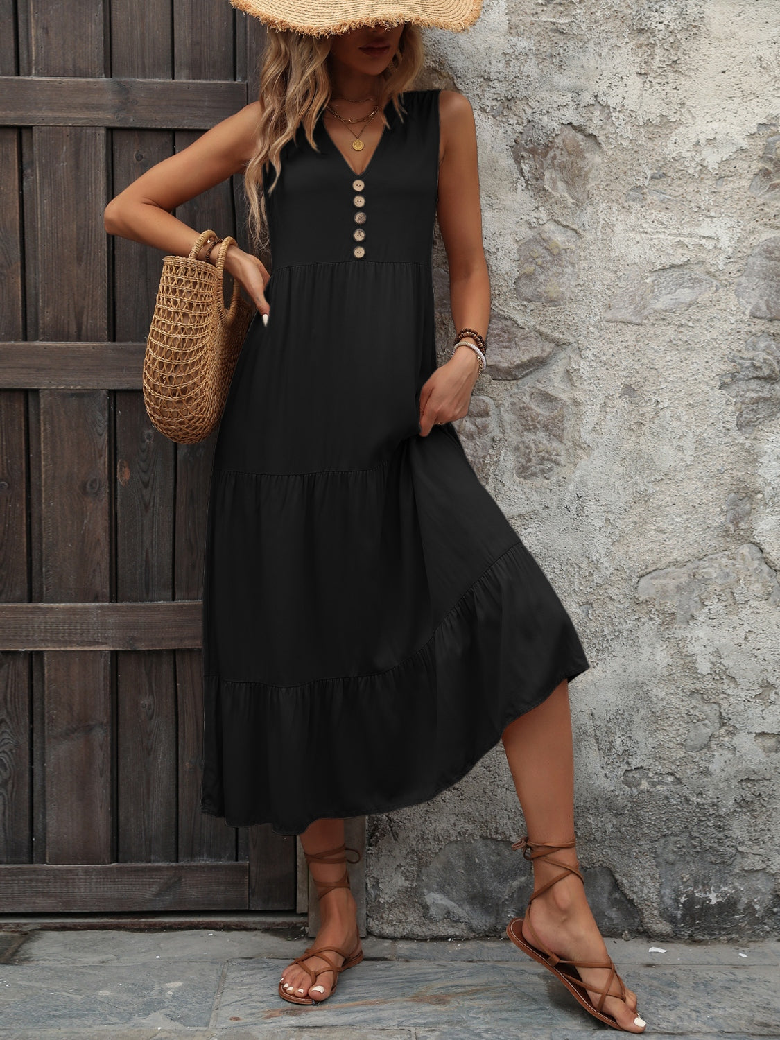 Button Notched Sleeveless Dress