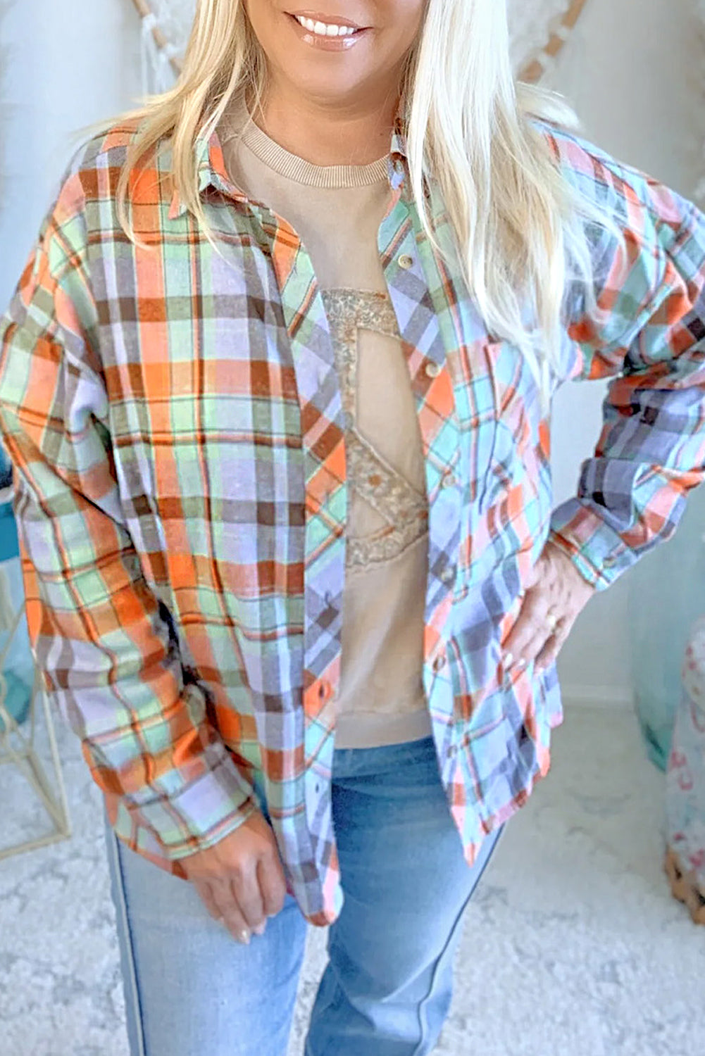 Orange Plaid Print Buttoned Shirt