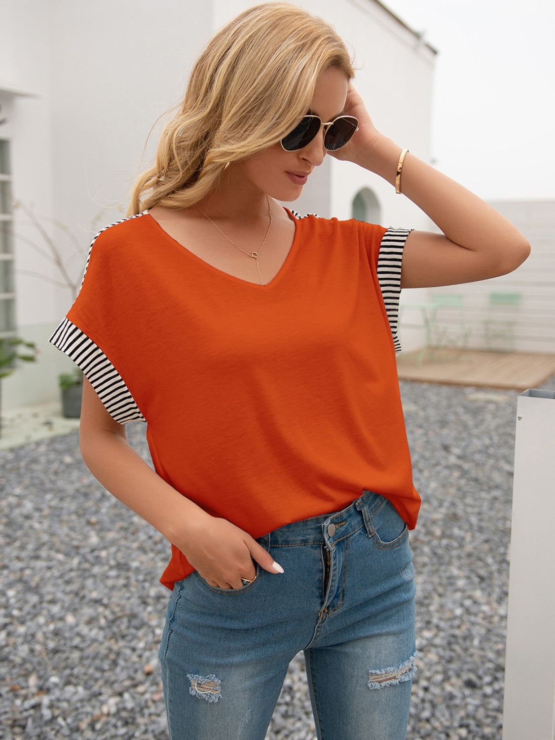 Striped V-Neck Short Sleeve T-Shirt