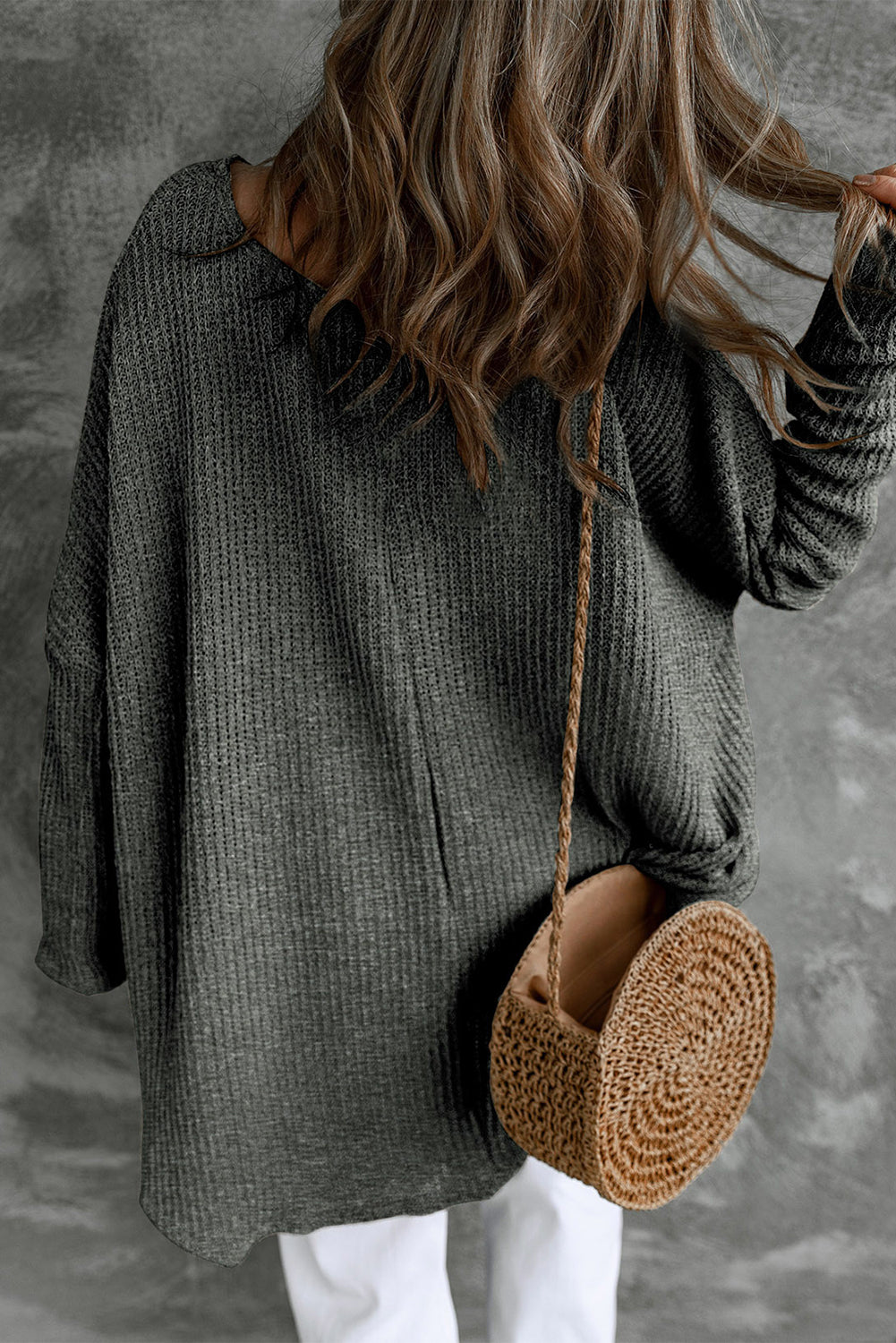 Gray Slouchy Dolman Sleeve High Low Sweater