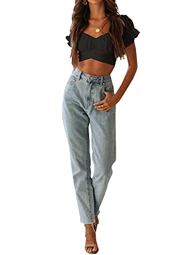 Women's Ruffle Short Sleeve Tie Up Back Crop Top