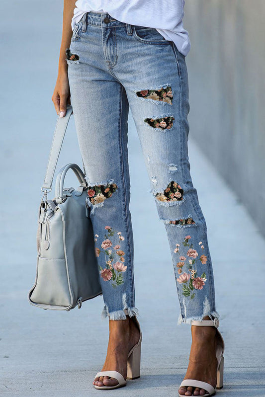 Printed Patch Ripped Skinny Jeans