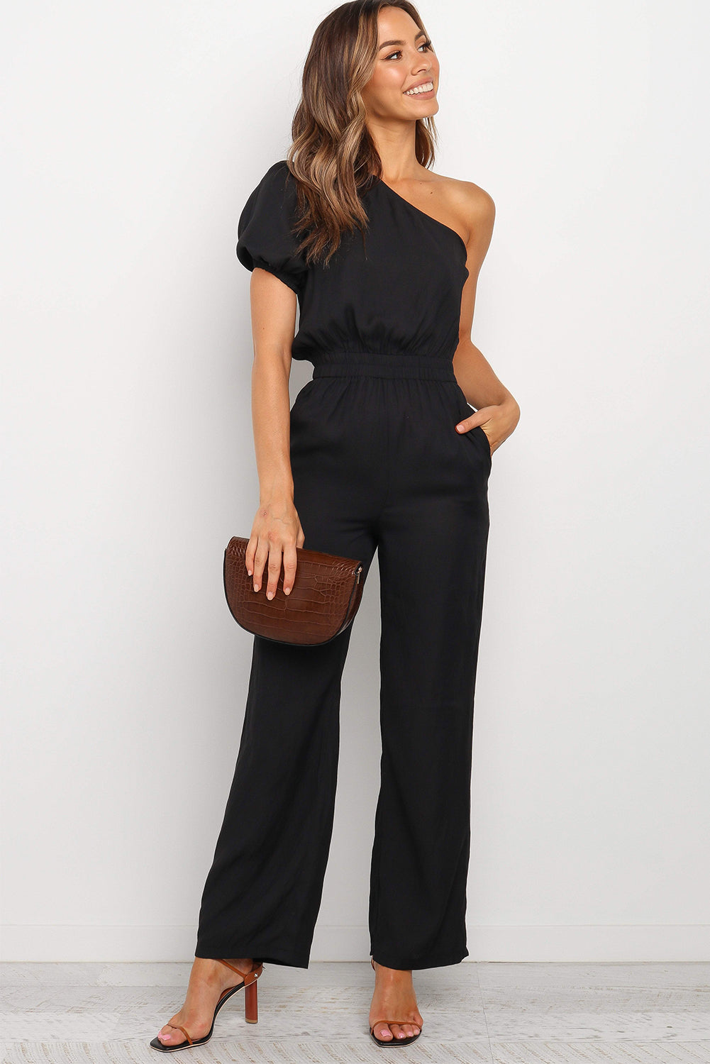 One Shoulder Puff Sleeve Elastic High Waist Jumpsuit