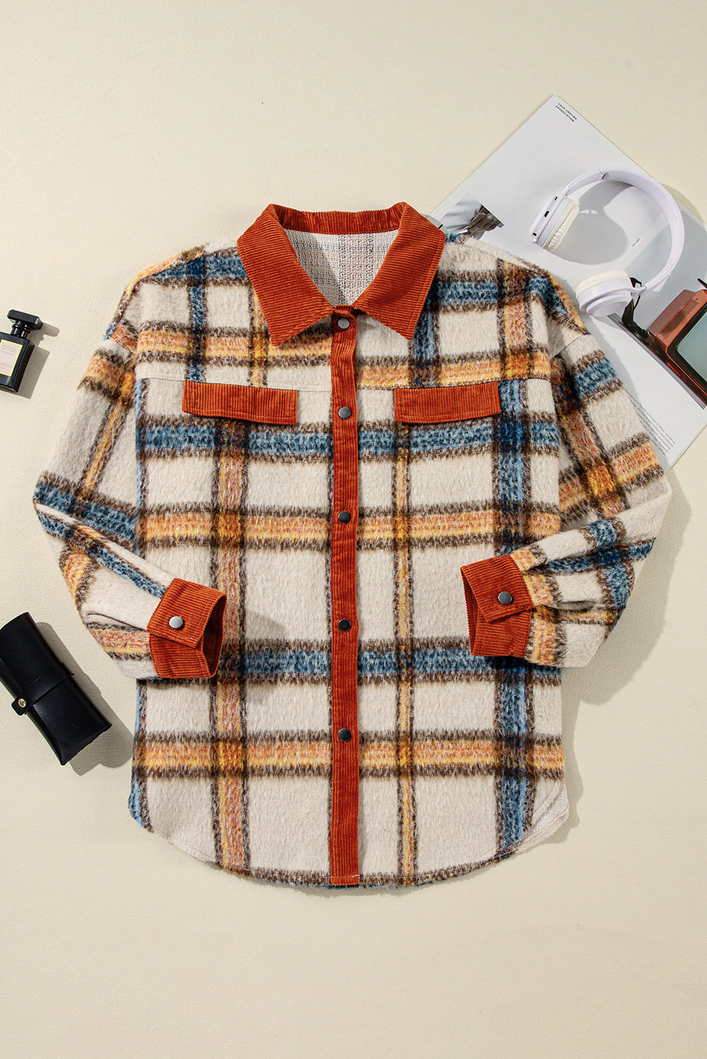 Brown Plaid Print Collared Buttoned Jacket