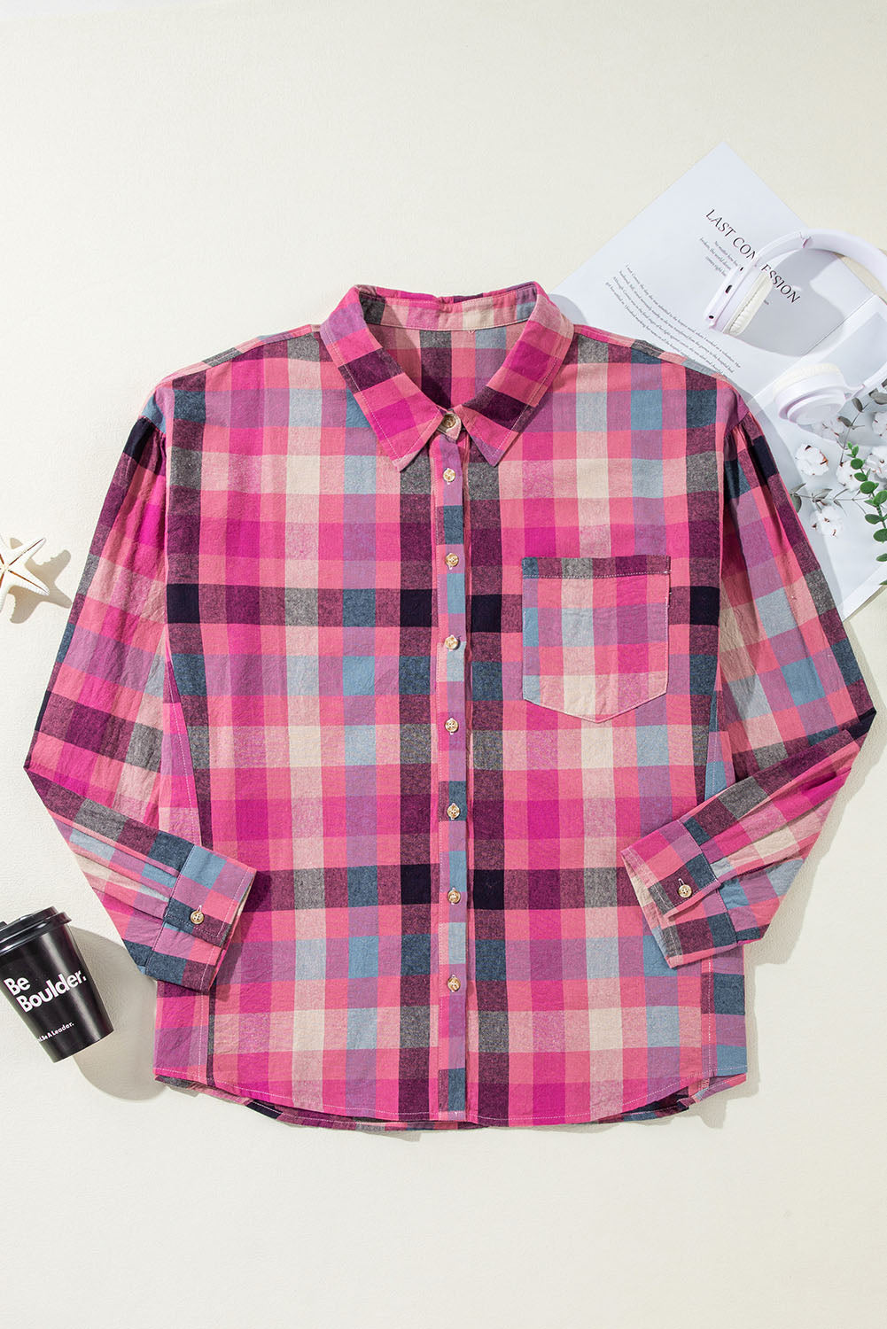 Rose Stripe Checkered Print Button up Shirt