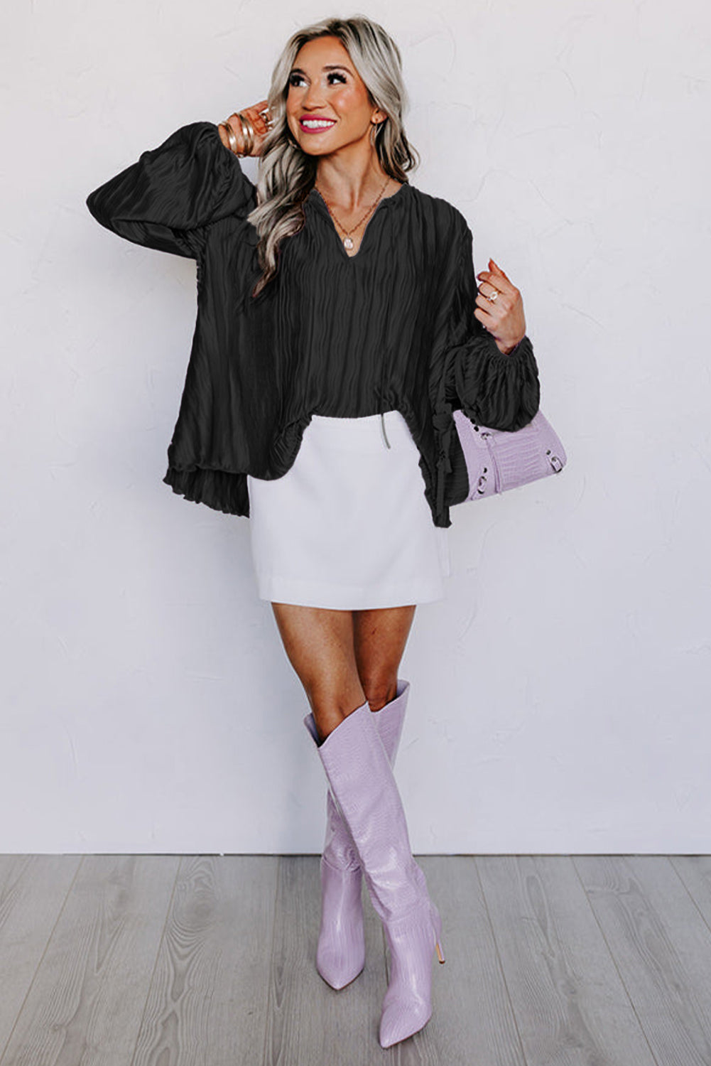 Black Textured Bubble Sleeve Loose Blouse