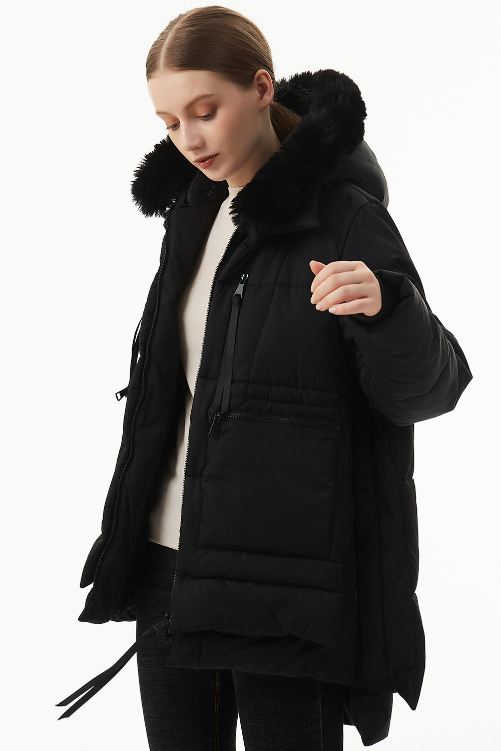 Black Plush Linen Hooded Puffer Coat